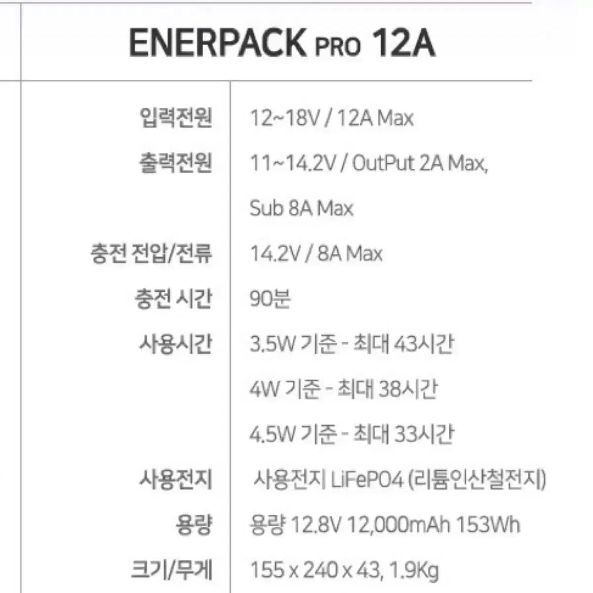 에너팩프로 12A 수입차 국산차 블랙박스 차량용 리튬인산철 보조배터리