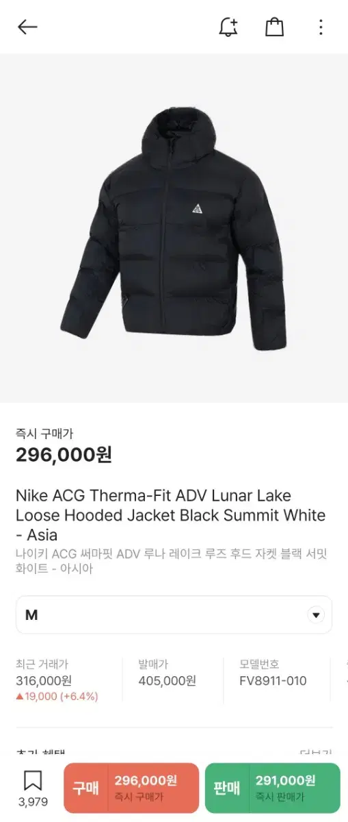 나이키 acg 루나레이크 패딩 m사이즈