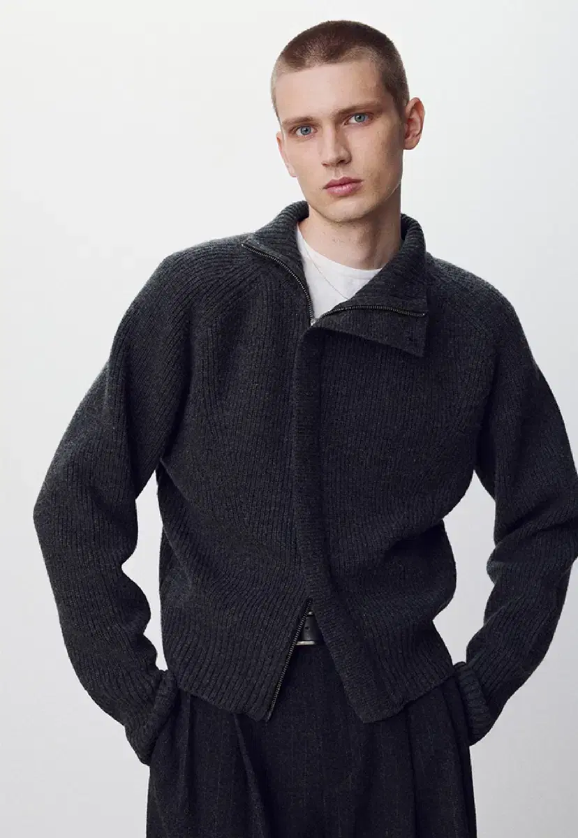 [XL] Tony Weck Diagonal Knit Zip-up Charcoal