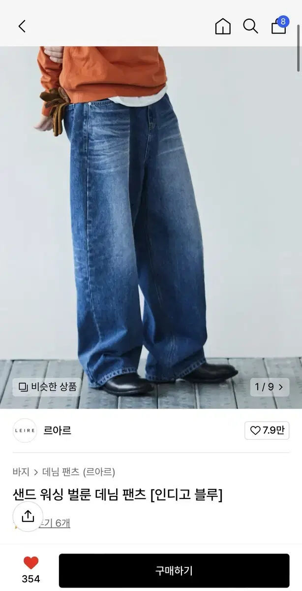 르아르 샌드 워싱 벌룬 데님 팬츠(인디고 블루)