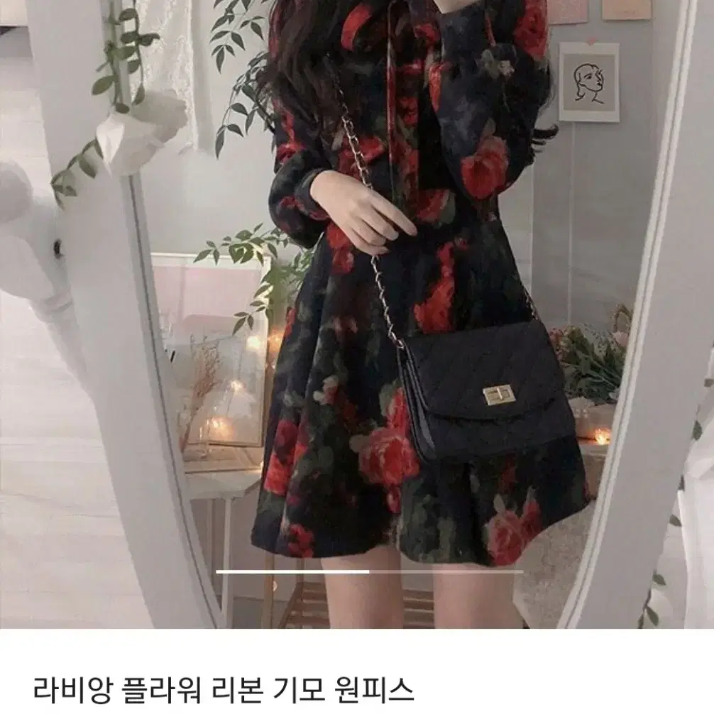 블랙 레드 플라워 기모 연말룩 리본 원피스 에이블리