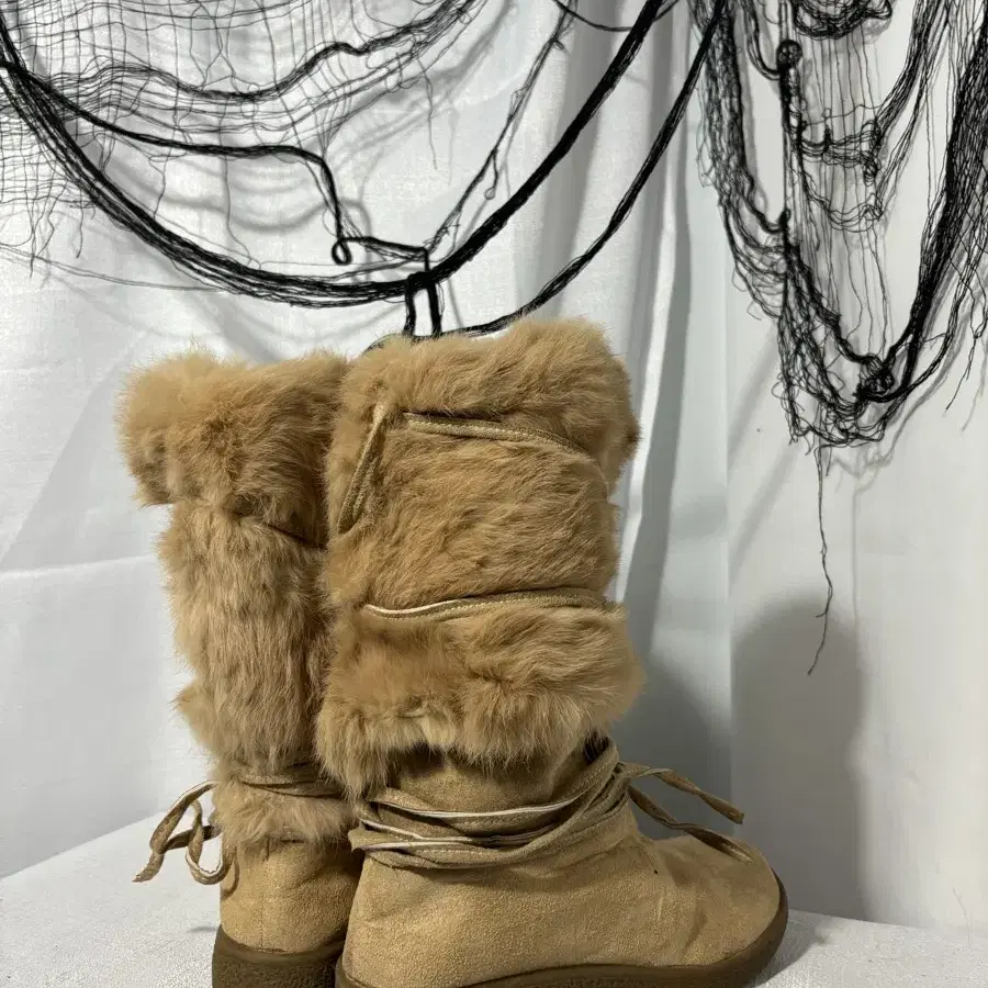 Beige Fur Detail Strap Boots