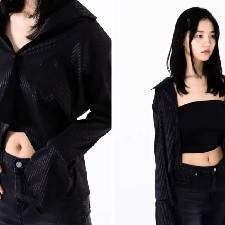 애즈온 asymmetric stripe shirt black