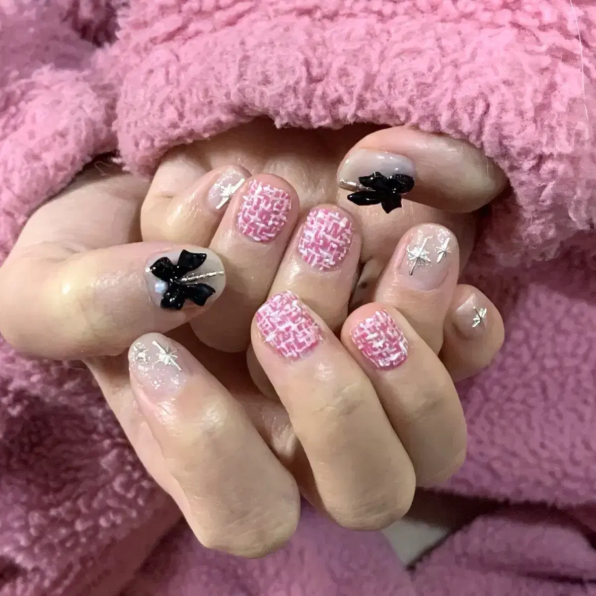 리본 글리터 핑크 트위드 수제 네일팁 /Nail TiP