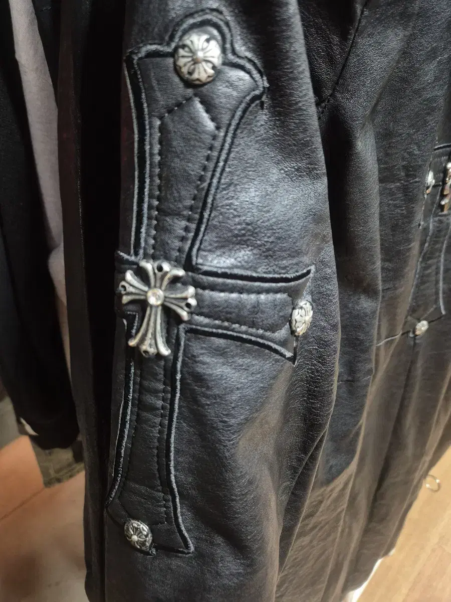 Women's Chrome Hearts Style Long Leather Hooded Zip-Up