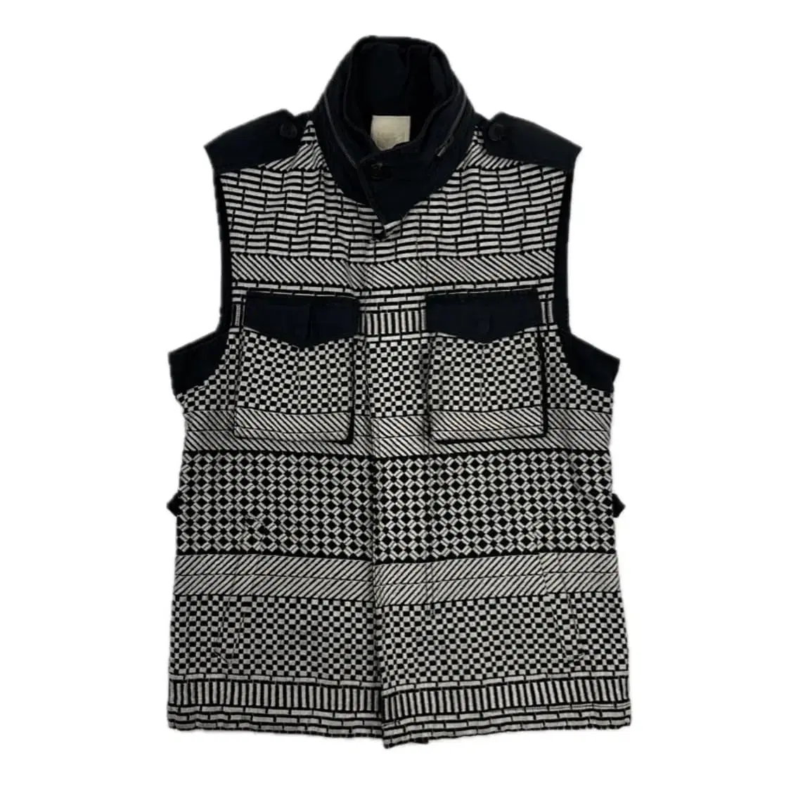 Wooyoung Mi Cotton Embroidered Pattern Two-Pocket Hooded Vest Black Ivory 48(100)