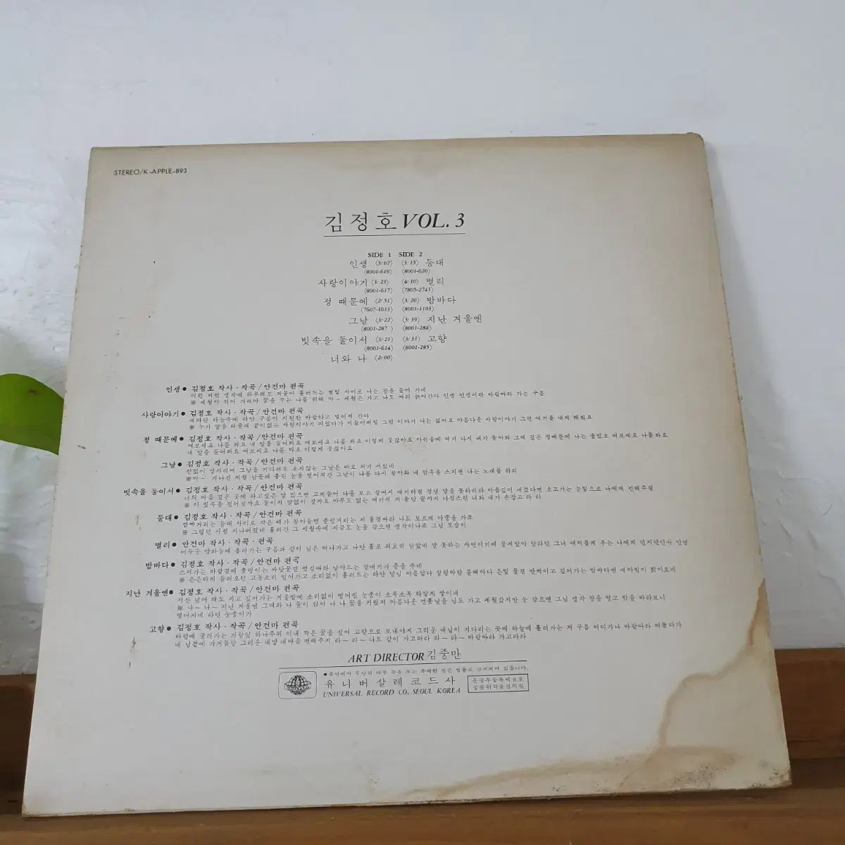 김정호 3집 LP  1980  인생  빗속을둘이서