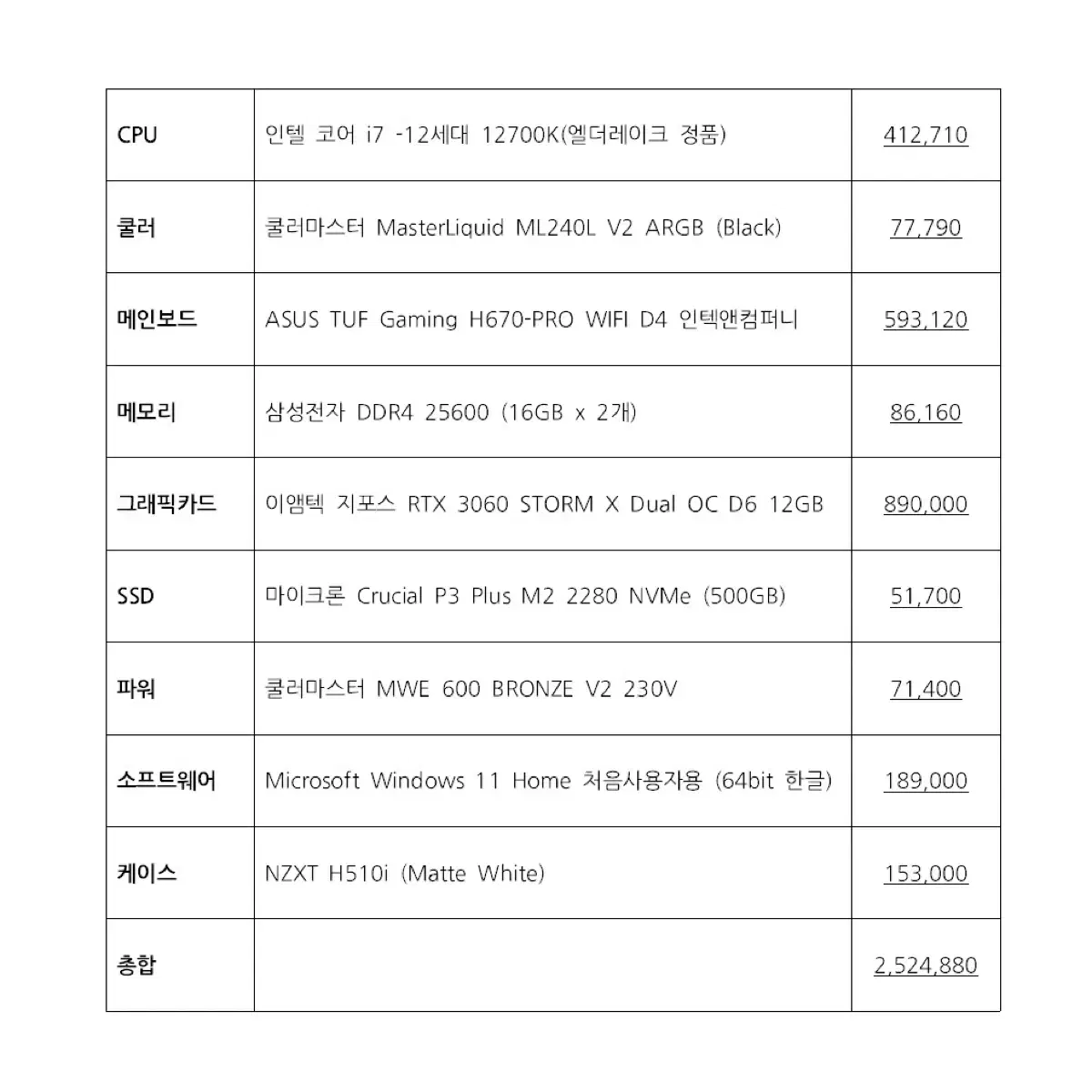 조립pc 게이밍 컴퓨터 rtx 3060 i7-12700K (현재 시세 2