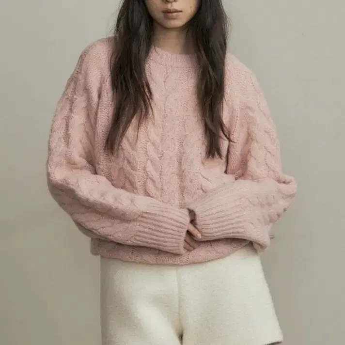 링서울 cable round knit top-pink