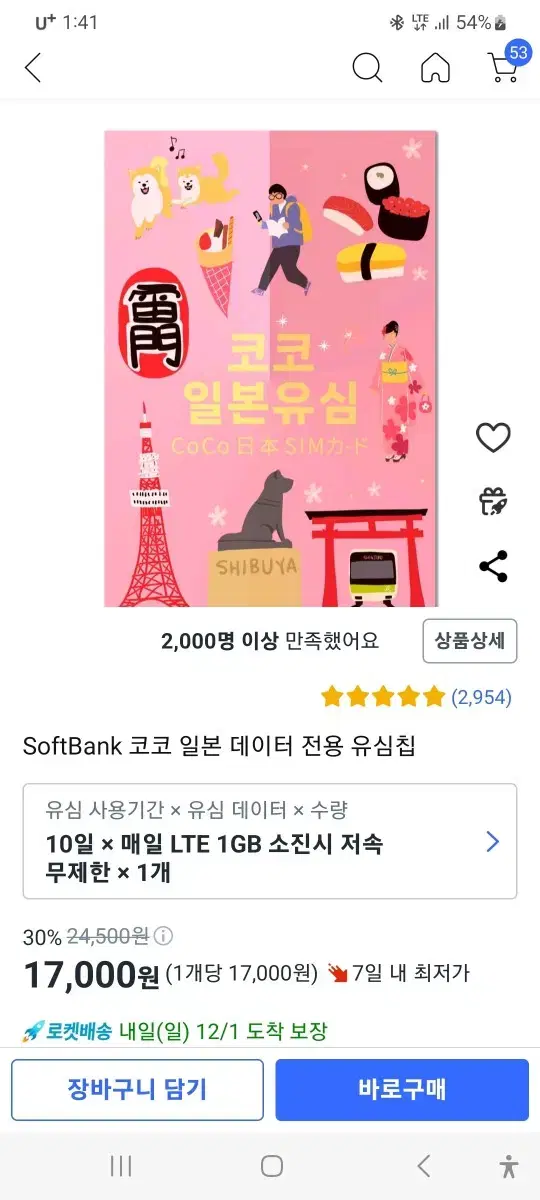 일본 유심 (코코 일본 SIM card), 10일간 매일 LTE 1GB