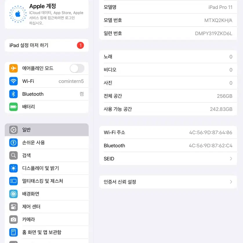 아이패드 프로 11인치 1세개 256GB Wi-Fi A급