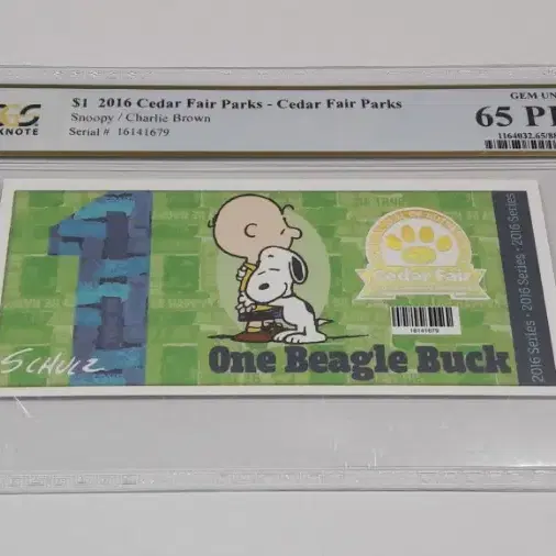 2016년 스누피 / 찰리 브라운  PCGS 65 PPQ 기념 지폐