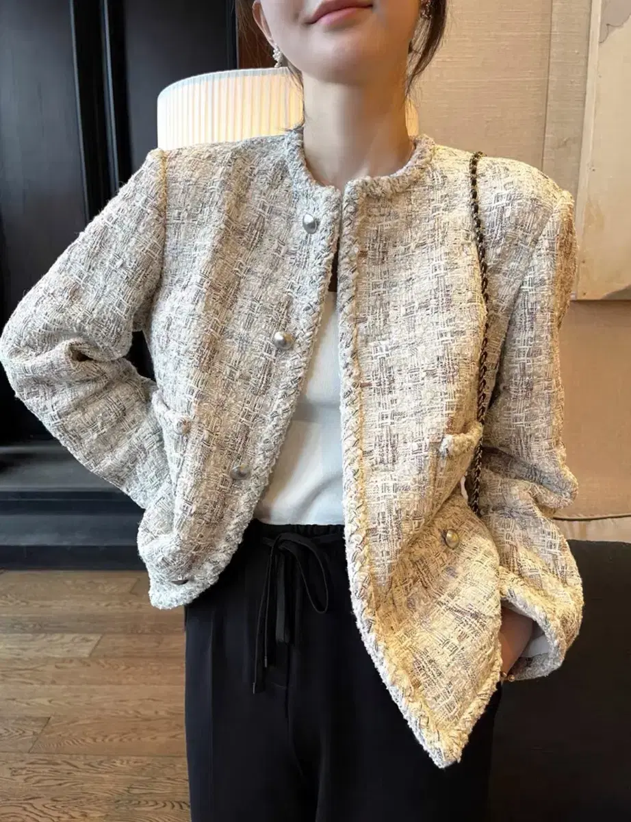 Imported Clothing) Ivory jeweled tweed jacket S