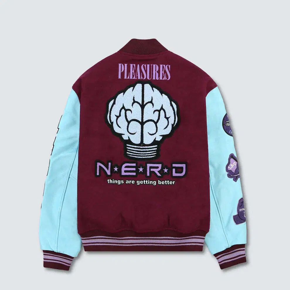 플레져스 X NERD 넵튠즈 콜라보 바시티자켓 스타디움자켓 퍼플 L XL