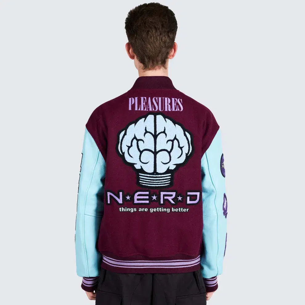 플레져스 X NERD 넵튠즈 콜라보 바시티자켓 스타디움자켓 퍼플 L XL