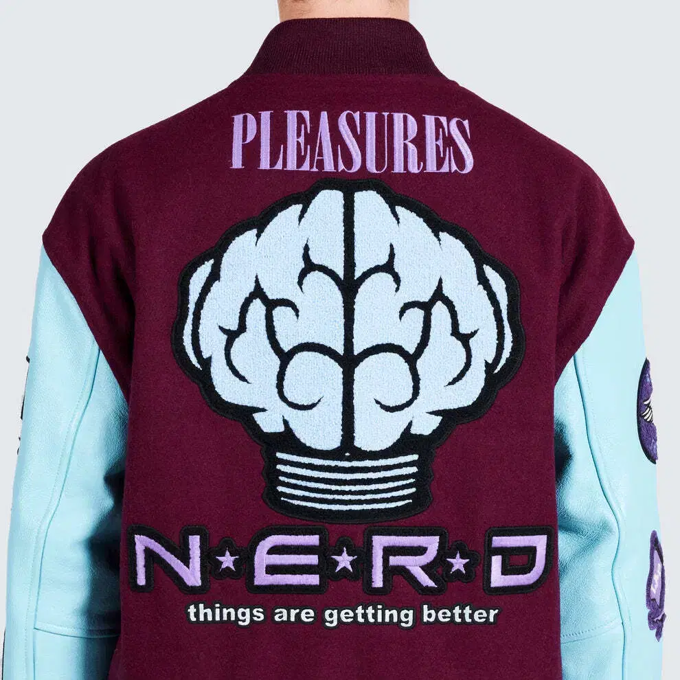 플레져스 X NERD 넵튠즈 콜라보 바시티자켓 스타디움자켓 퍼플 L XL