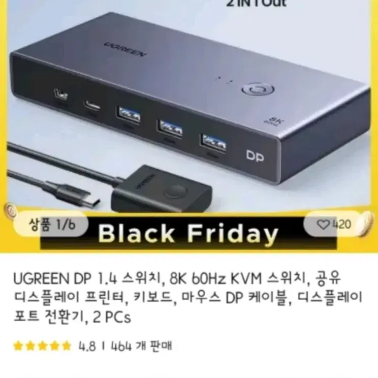 (미사용) HDMI KVM switch 2 in 1out UGREEN