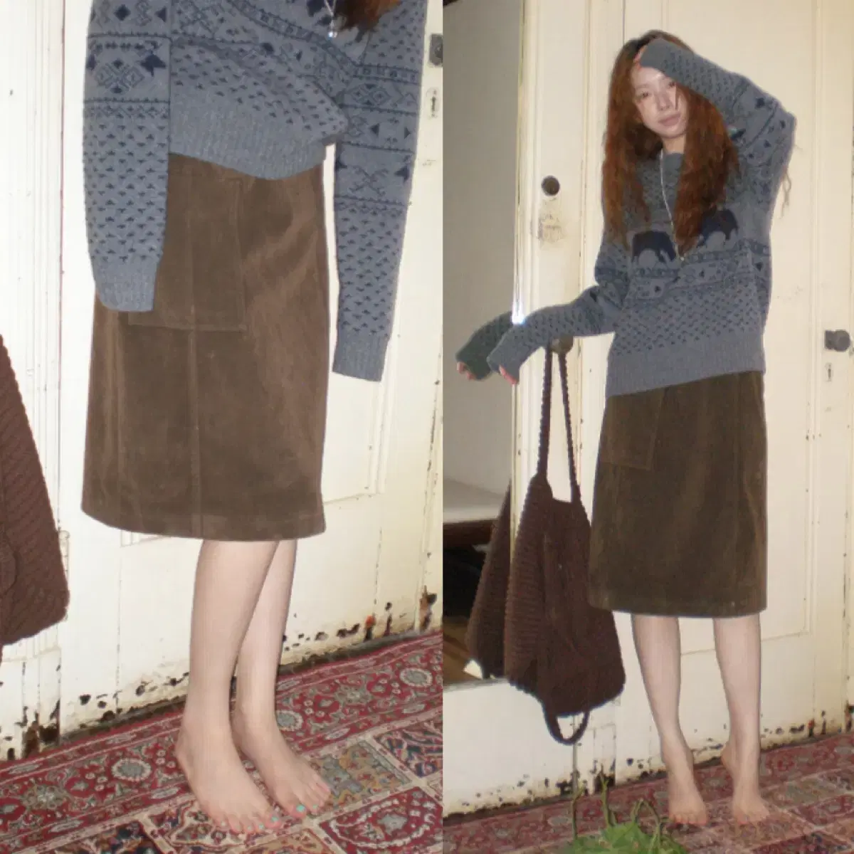 HELLOOOEAT Skirt Retro Brown Suede Midi A-line Skirt in Suede