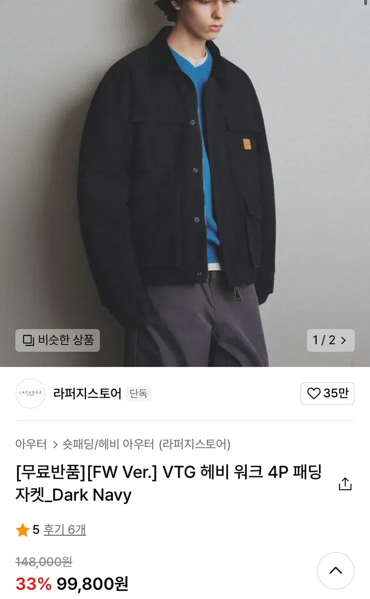 새제품 라퍼지스토어 남성 VTG 헤비 워크 4P 패딩 자켓 네이비