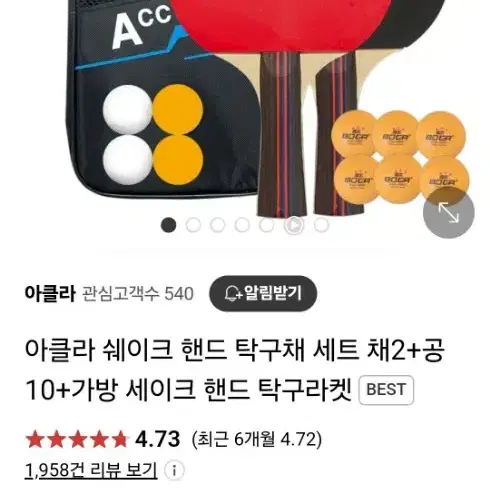 아클라 쉐이크 핸드 탁구채셋트 채2+공4+가방