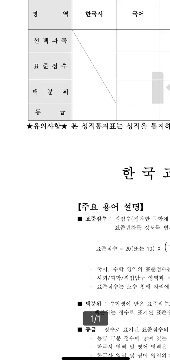 수능성적표 양식