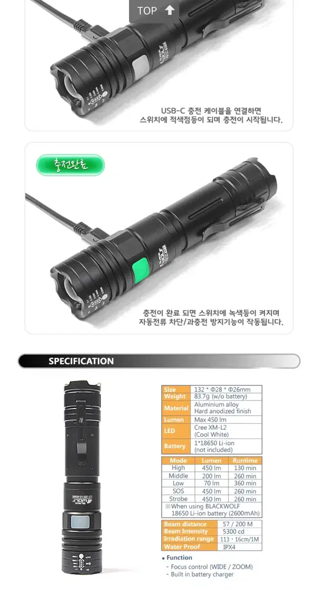 블랙울프 LC-608R 충전식 줌 랜턴