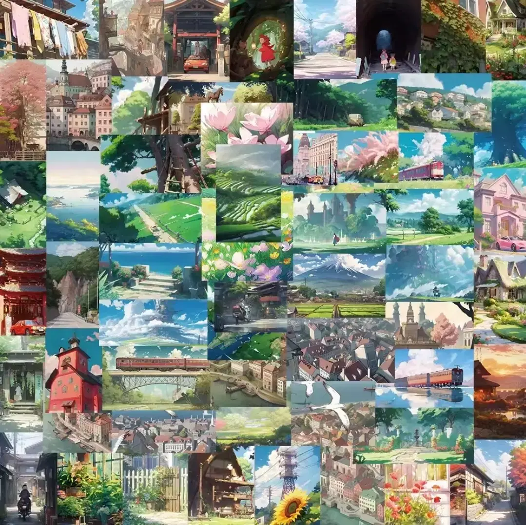 50) Anime background Ghibli ST. style square daguerreotypes stickers