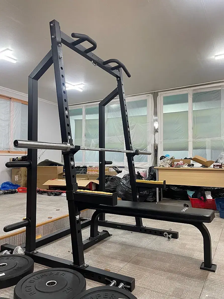 홈짐 스쿼트랙 파워렉 파워랙 중량 원판 대략192kg (랙+바벨+원판+평