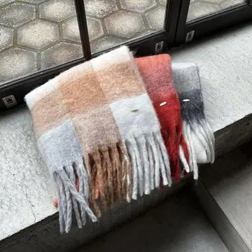 아카이브 체크 무늬 머플러 오렌지x스카이블루