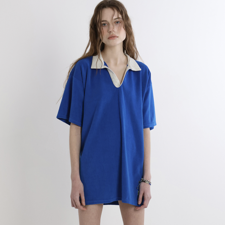 그린버터 Terry Open-Collar Dress (Cobalt)