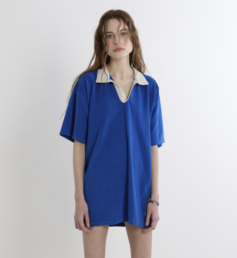 그린버터 Terry Open-Collar Dress (Cobalt)