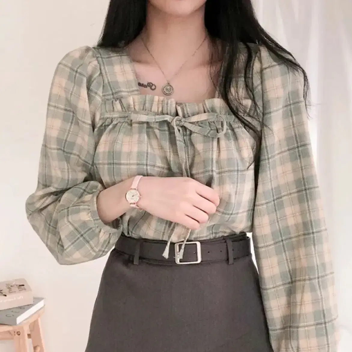 green check blouse