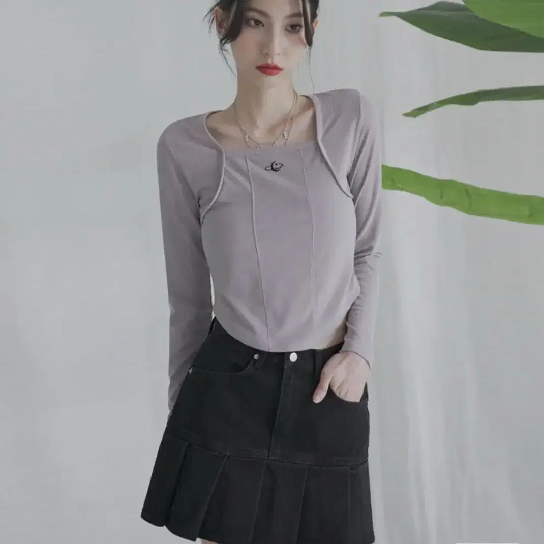 Square neck Line crop long sleeve GREY