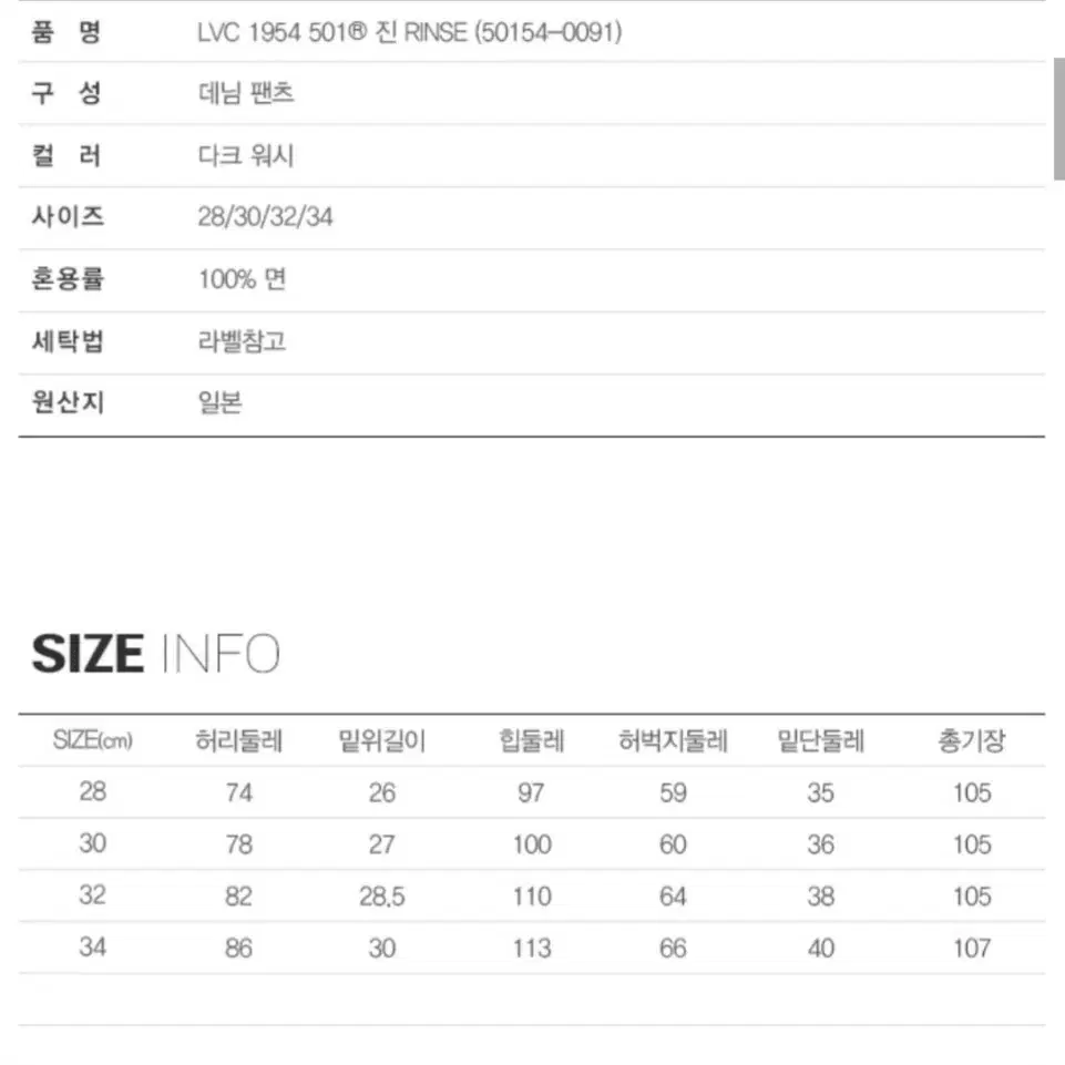 리바이스 LVC 54501 린스드(뉴린스) 32x32사이즈 새제품