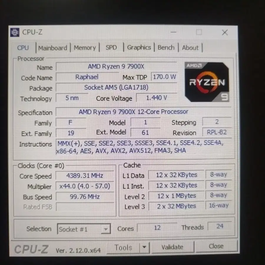 AMD 라이젠9-5세대 7900x 라파엘 멀티팩 정품 대원 유통 24년