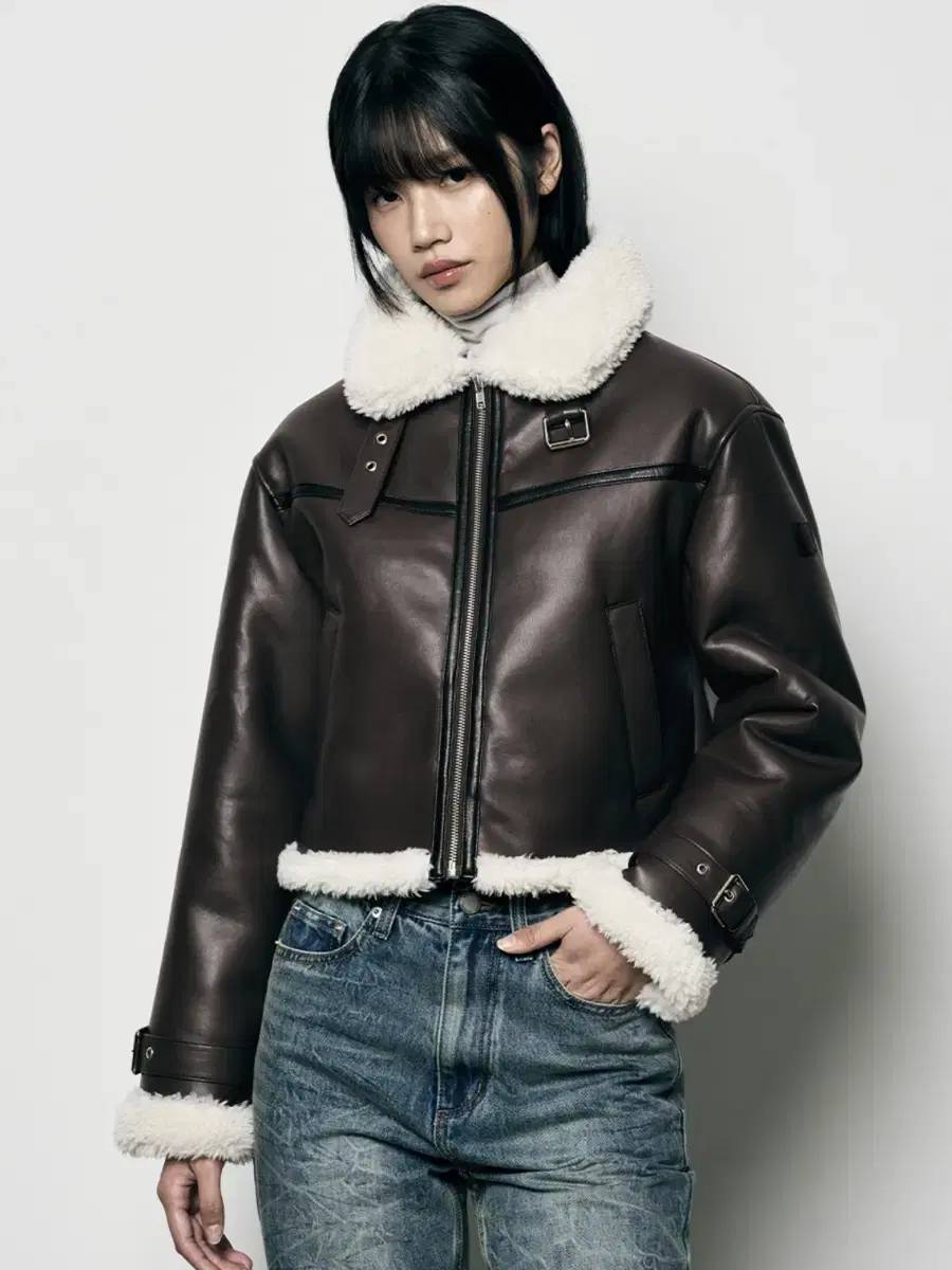 Leatherette Oblique Overfit Cropped Mustang Jacket [BROWN]