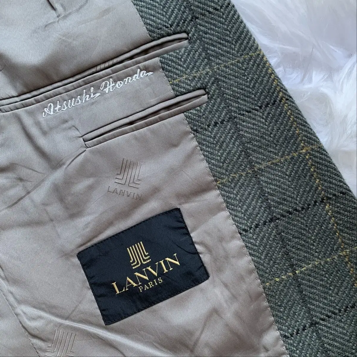 랑방 LANVIN 울100 빈티지 체크 가죽패치 자켓