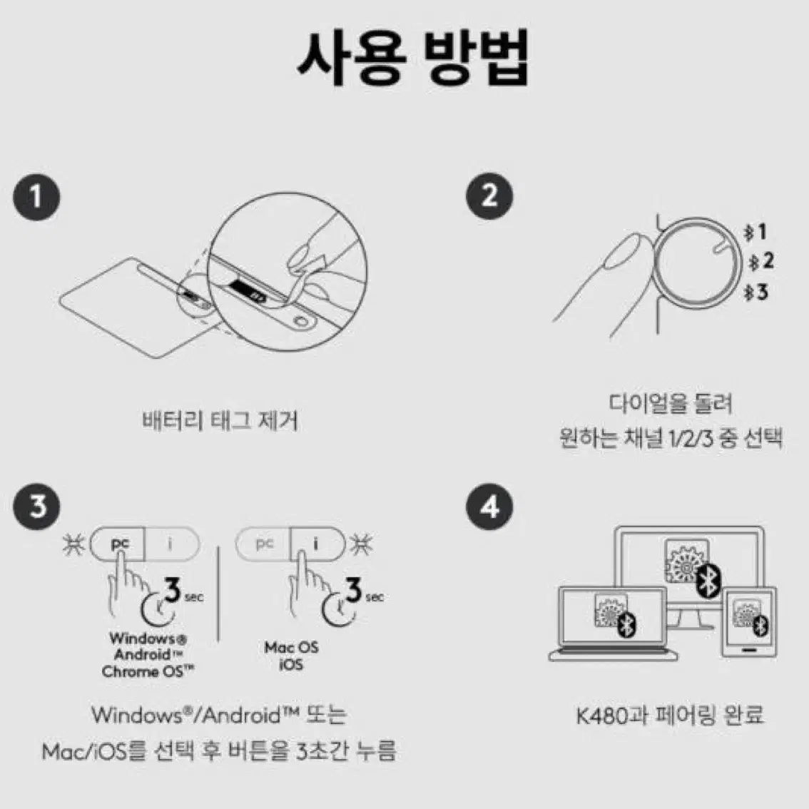 로지텍코리아 K480 블루투스 무선키보드 국내정식 한글판 로지아이 맥 아