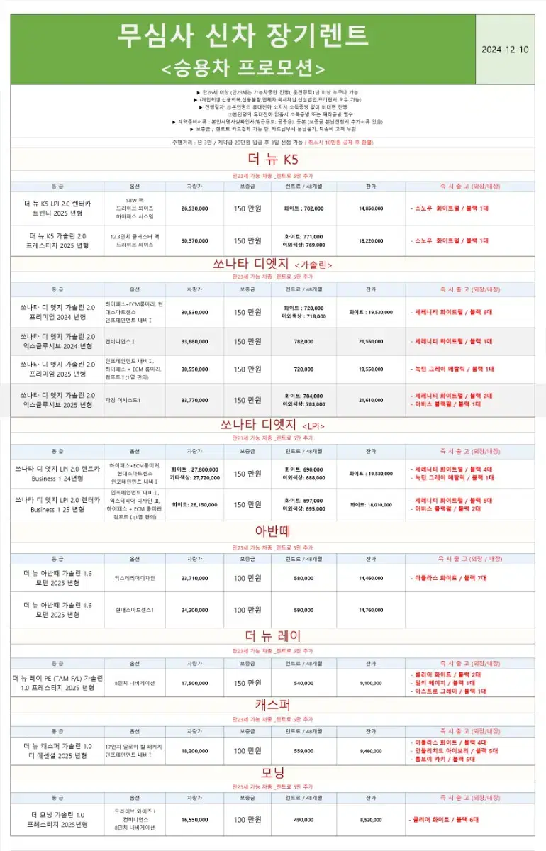 2024년 12월 10일차량 리스트입니다~^^