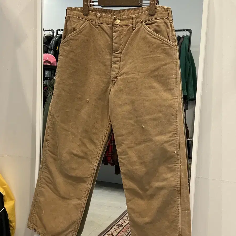 70s Carhartt 칼하트 던가리핏 싱글니 퀄티드 워크 팬츠 (32)