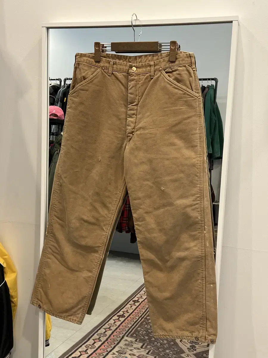 70s Carhartt 칼하트 던가리핏 싱글니 퀄티드 워크 팬츠 (32)