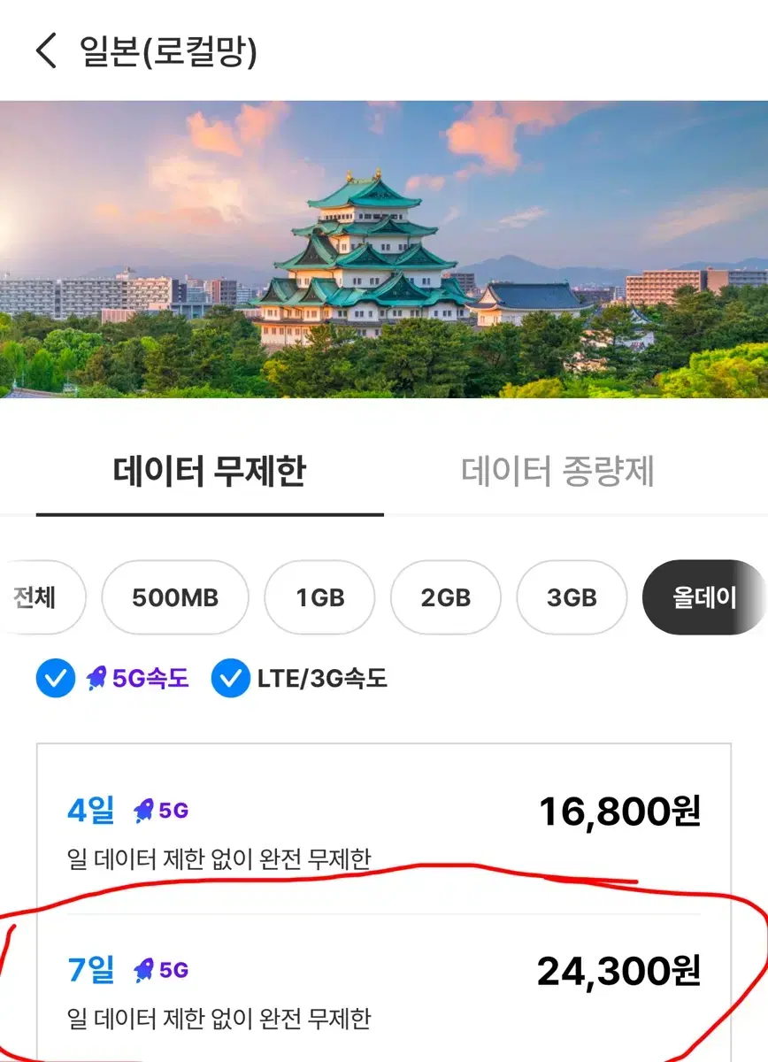 일본 esim / 5G / 속도 제한 없는 / 7일