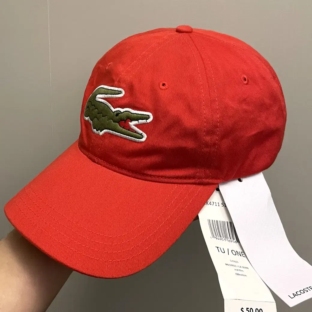 (F)Lacoste 라코스테 빅로고 레더스트랩 코튼 볼캡 모자 레드