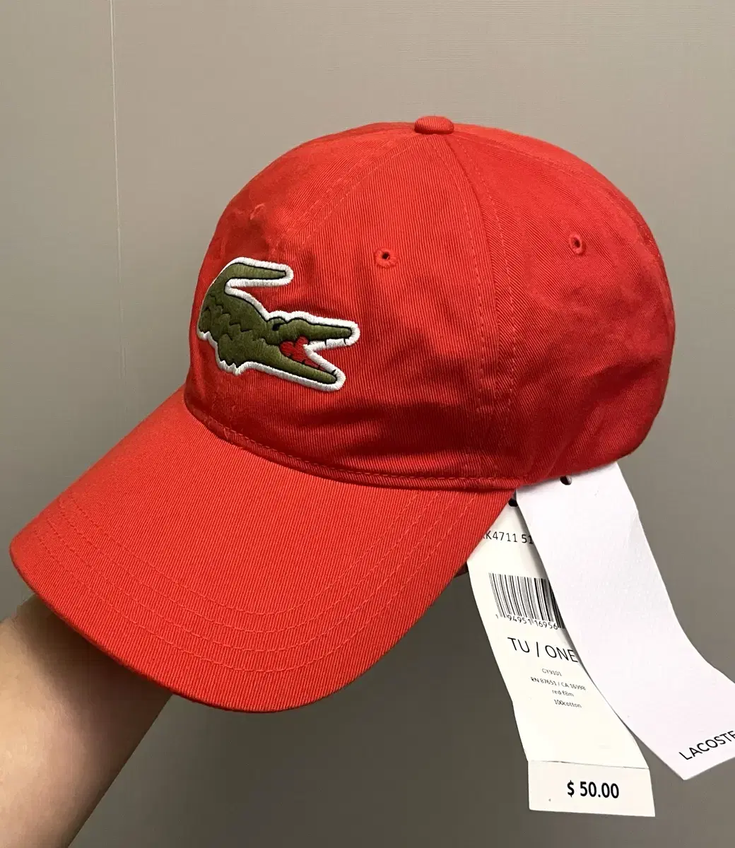 (F)Lacoste 라코스테 빅로고 레더스트랩 코튼 볼캡 모자 레드