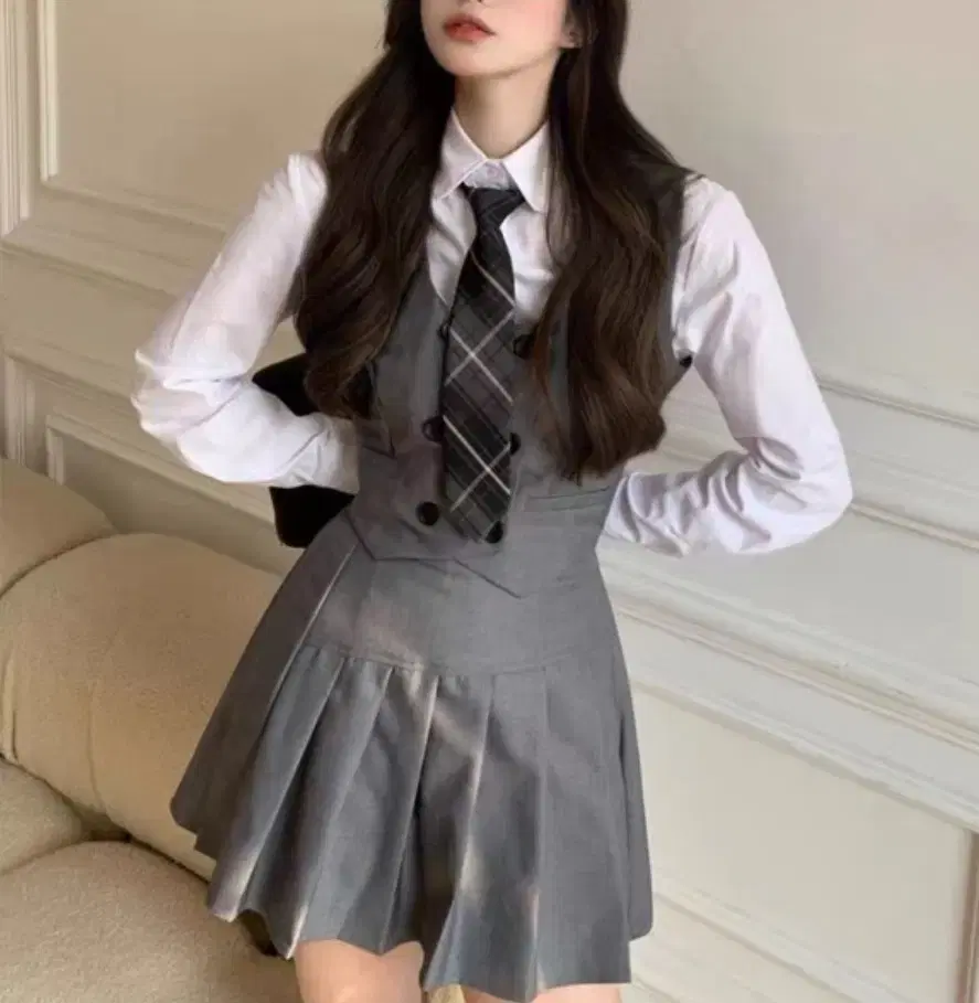 (long sleevever)school look shirt vest pleated skirt tie set