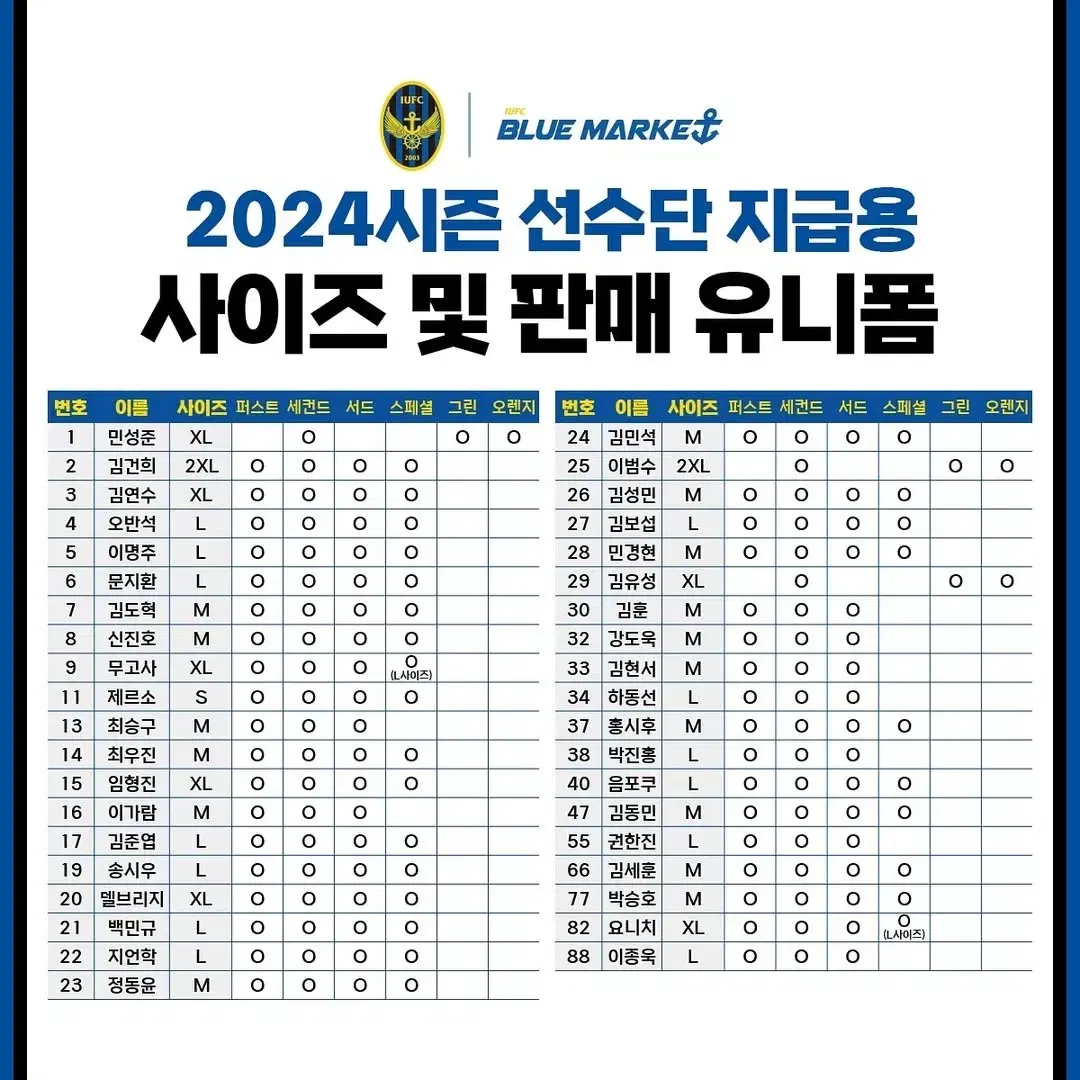 2024시즌 인천유나이티드 선수단 지급용 유니폼 구매