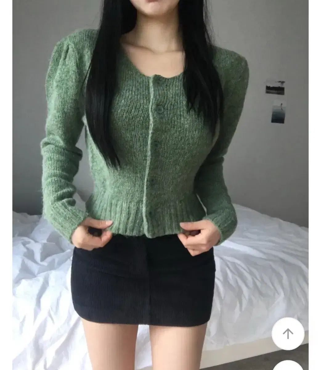 알파카 그린 크롭 퍼프 가디건