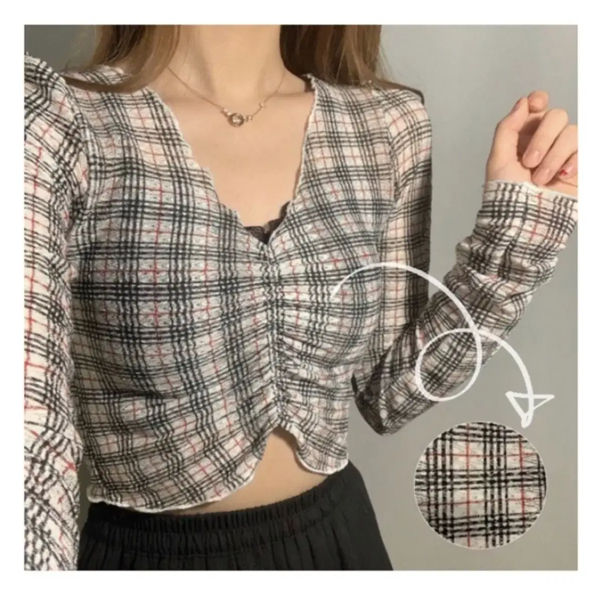 Vintage Check Shirred Crop Blouse Tee