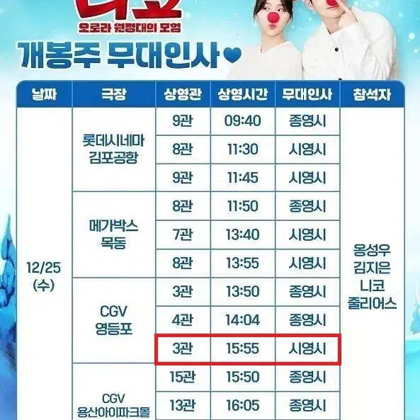 12/25 니코 무대인사 B열 2연석 (영등포CGV) 시영무인