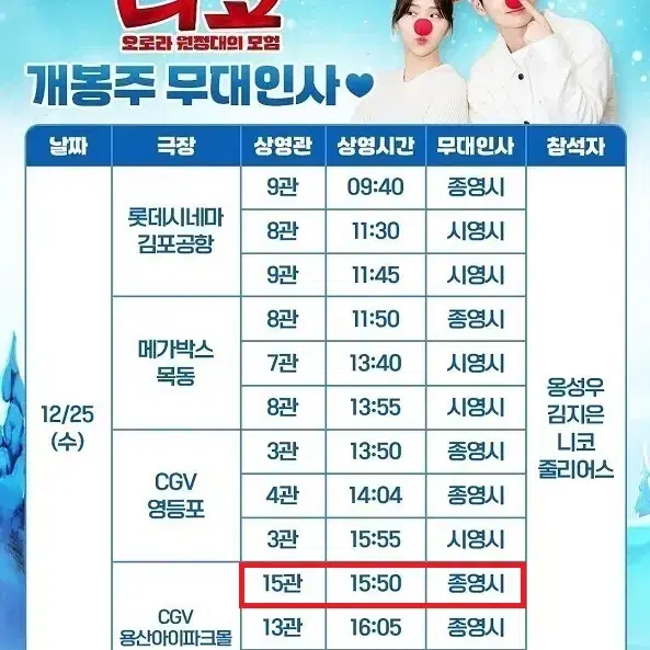 12/25 니코 무대인사 B열 한자리 (용산CGV) 종영무인